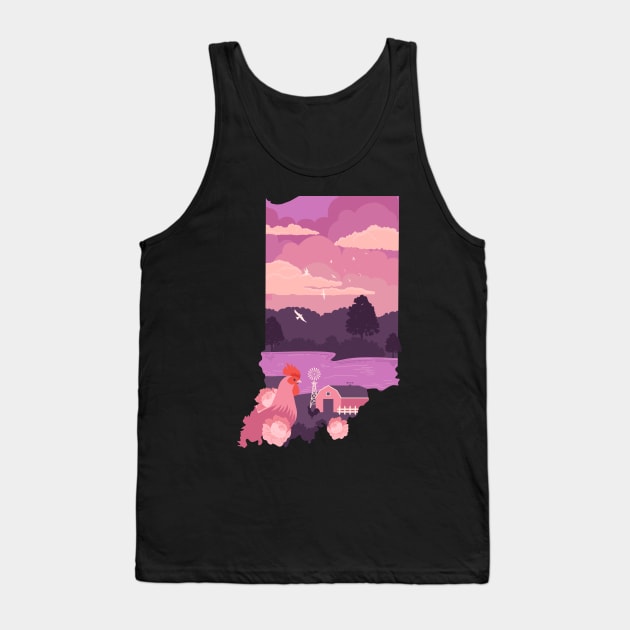 Indiana USA illustration featuring a lake and a farm with a barn, windmill and chicken Tank Top by keeplooping